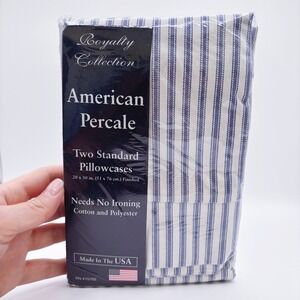 Royalty Collection American Percale 2 Standard Pillowcases Blue White Stripe USA